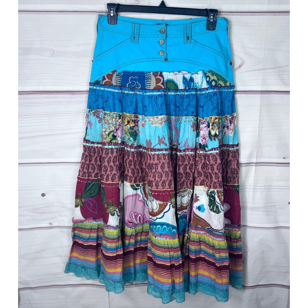 Julie G Skirt Womens L Blue Patchwork Boho Prairie Maxi Pockets Cotton‎ Circle